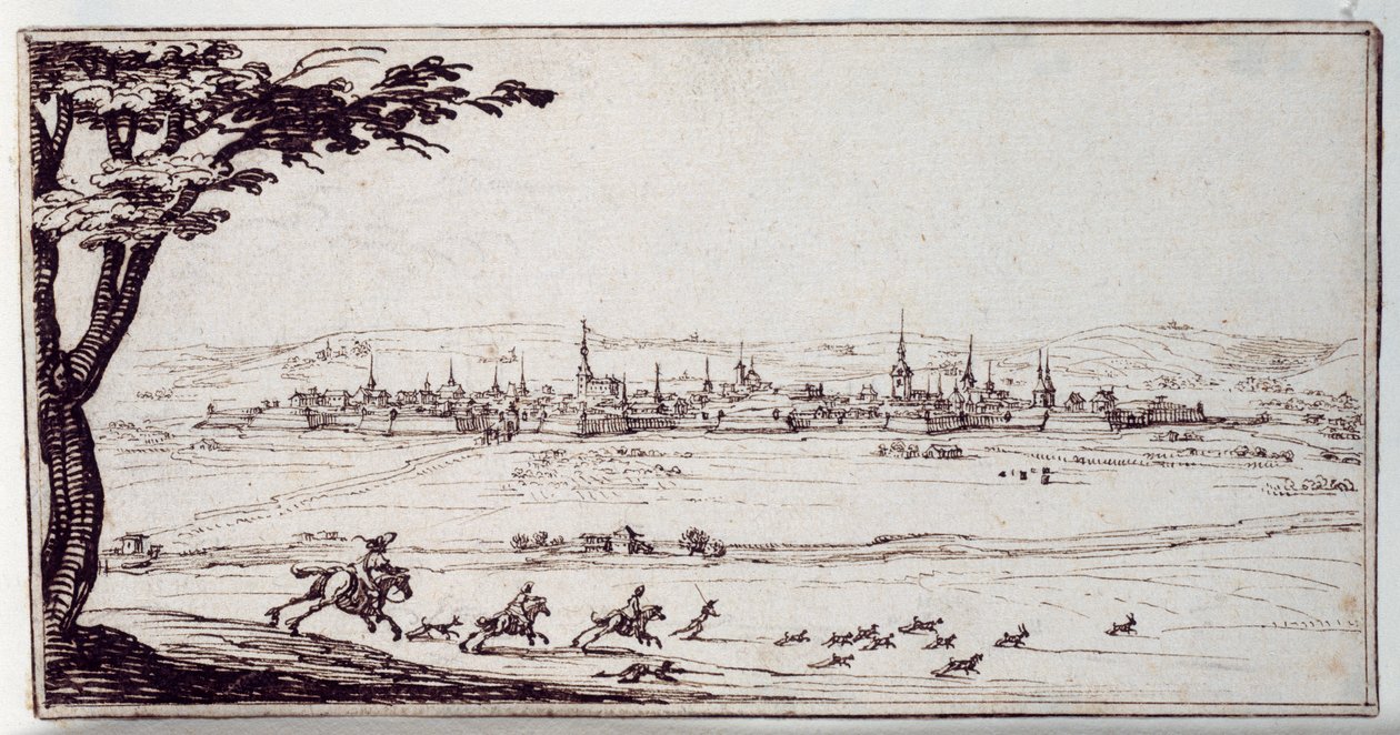 Nancy in the distance: harriers pursuing a hare (pen & brown ink on paper) بواسطة جاك كالوت