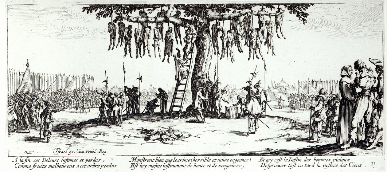 الشنق ، اللوحة 11 من "بؤس الحرب ومآسيها" ، نقشها إسرائيل هنرييت (c.1590-1661) 1633 بواسطة جاك كالوت