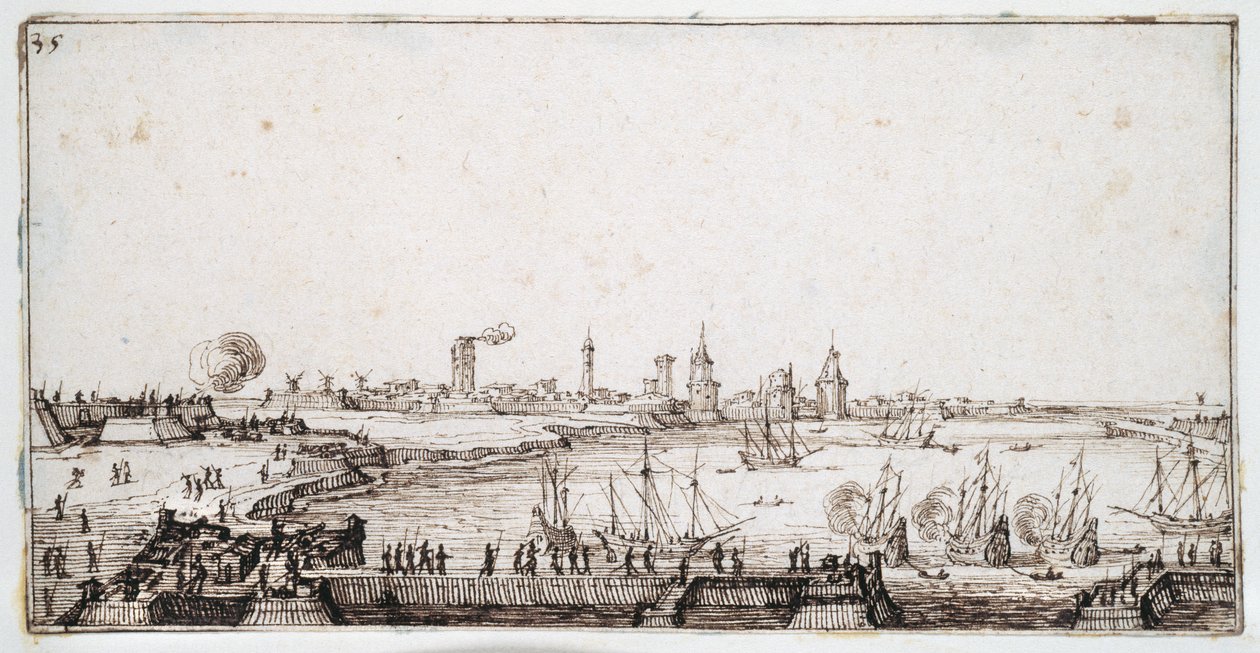 View of the harbour of La Rochelle with galleons firing a salute (pen & brown ink on paper) بواسطة جاك كالوت