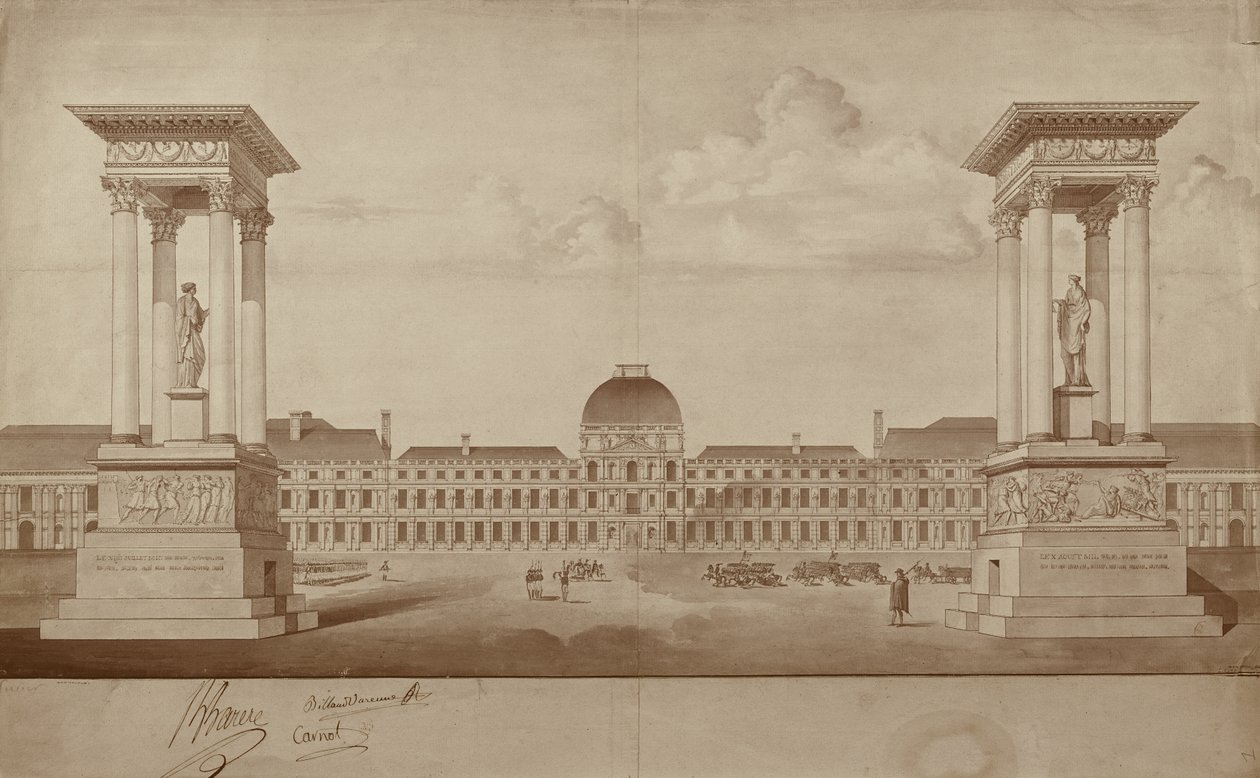 خطة للآثار لإحياء ذكرى 14 يوليو و 10 أغسطس ، ليتم وضعها في Place du Carrousel (قلم حبر وحبر على ورق) بواسطة جاك ديلانوي