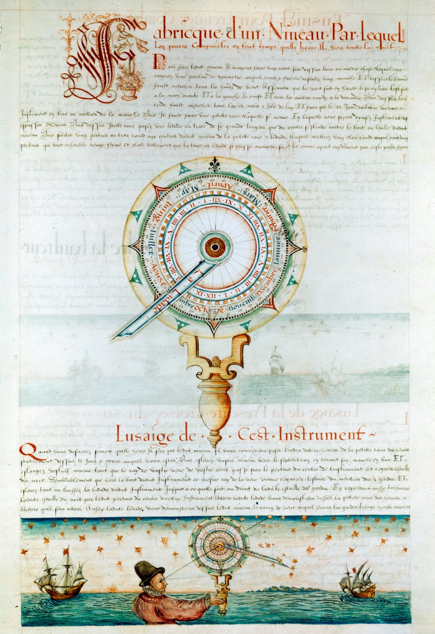 أدوات الملاحة: ملاح يستخدم الإسطرلاب. الصفحة مأخوذة من "" Les Premieres Works de Jacques Devaulx Pilot en la Marine "لجاك دو فولكس (القرن السادس عشر) بواسطة جاك Devaulx