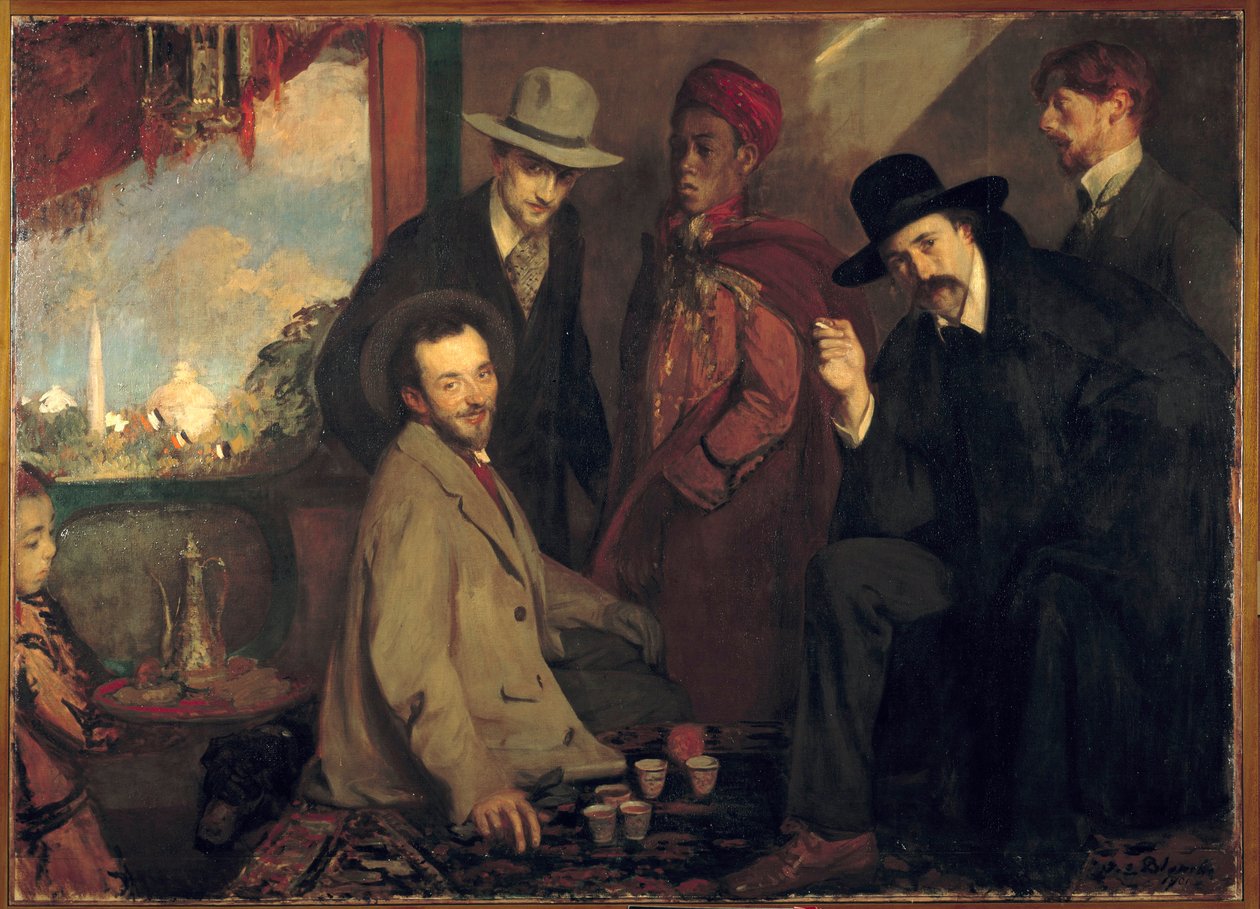أندريه جيد وأصدقاؤه في مقهى Maure of the World Exposition لعام 1900 (Eugene Rouart؛ Charles Chanvin؛ Athman Ben Salah؛ Henri Gheon) لوحة لجاك إميل (جاك إميل) بلانش (1861-1942) 1900 صن. 1.56x2.2 م روان ، متحف الفنون الجميلة بواسطة جاك اميل بلانش