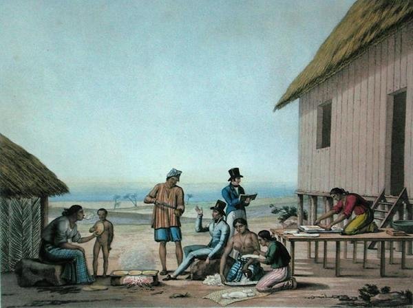 Agagna ، غوام: الأنشطة المحلية ، من "Voyage Autour du Monde sur les Corvettes de L'Uranie 1817-20" محفور بواسطة Lerouge and Choubard ، نُشر عام 1825 (نقش) بواسطة جاك إتيان فيكتور (بعد) أراجو