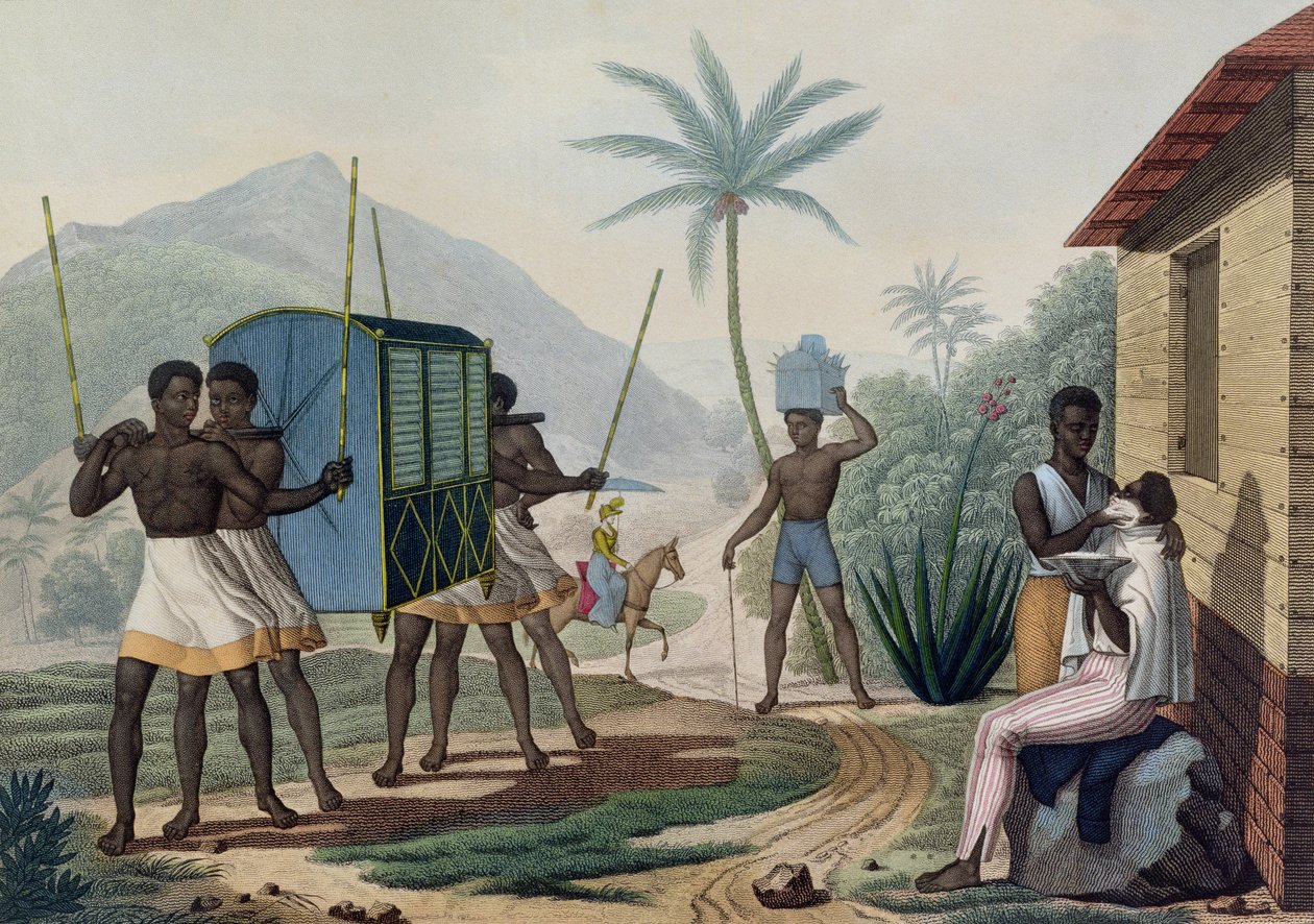 A Palanquin يجري في Ile de France ، من "Voyage Autour du Monde sur les Corvettes de L&39;Uranie 1817-20" ، منقوش بواسطة Choubard ، تم نشره عام 1825 بواسطة جاك إتيان فيكتور أراغو
