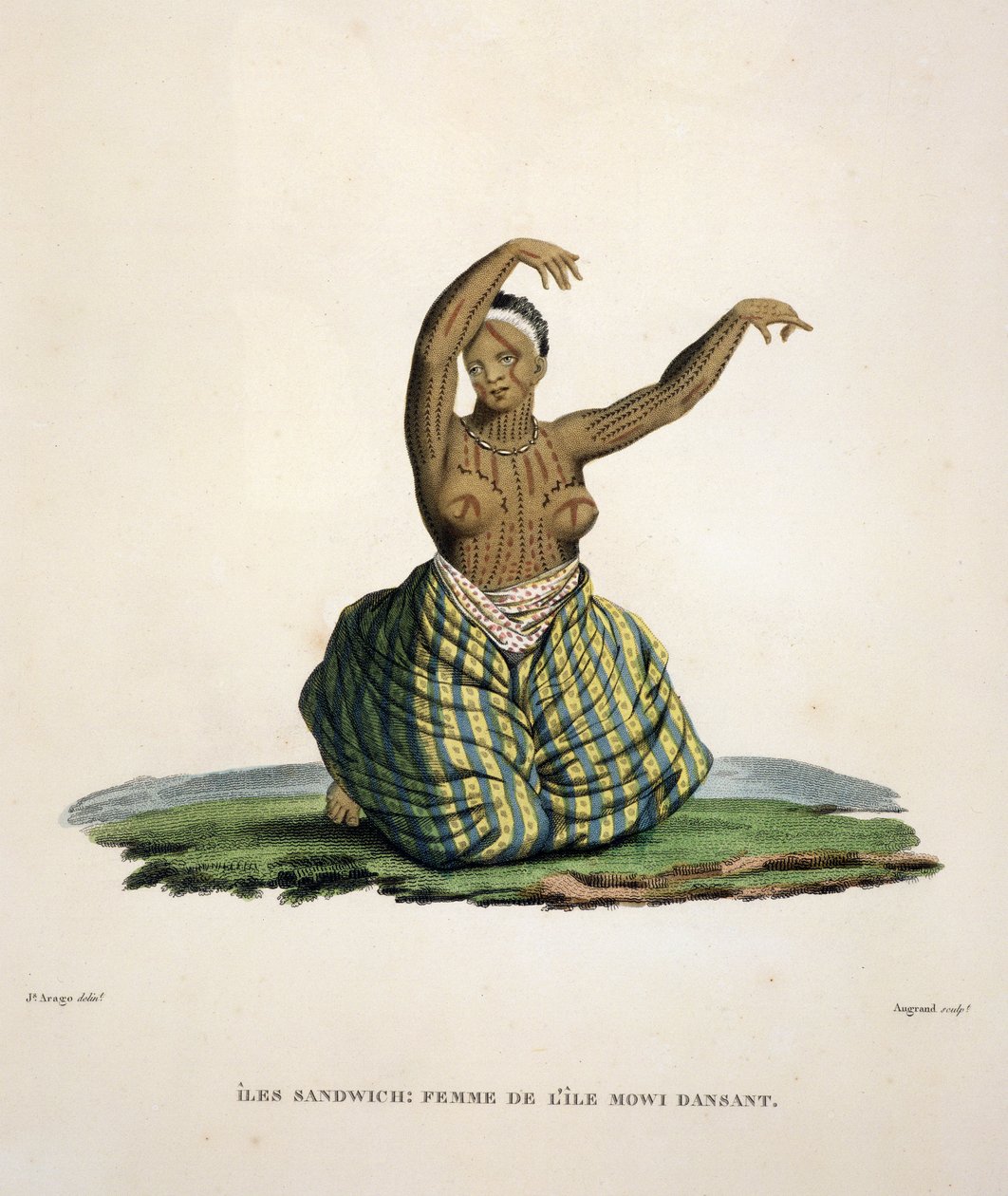 امرأة راقصة من جزيرة ماوي في جزر هاواي ، نقشها بارفيت أوجراند (مواليد 1782) بواسطة جاك إتيان فيكتور أراغو