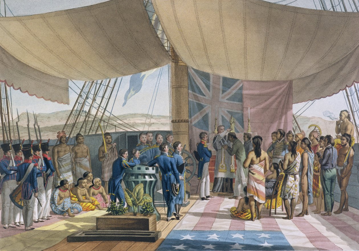 جزر ساندويتش: تعميد ملوك رئيس الوزراء على متن Uranie ، من Voyage Autour du Monde sur les Corvettes de LUranie 1817-20 منقوش بواسطة Lerouge and Forget ، تم نشره عام 1825 ( بواسطة جاك إتيان فيكتور أراغو