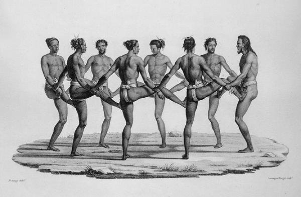 رقصة أصلية في جزر كارولين ، من Voyage Autour du Monde sur les Corvettes de LUranie 1817-20 منقوش بواسطة Lerouge and Forget ، تم نشره عام 1825 بواسطة جاك اتيان فيكتور بعد اراجو