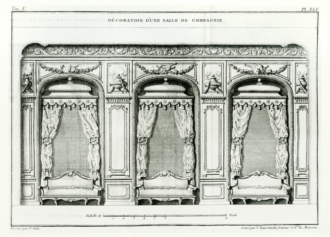غرفة رسم باريسية ذكية ، أوائل عام 1770 من Cours dArch architecture ، باريس ، تم نشرها في 6 مجلدات من 1771-1777 بواسطة Blondel ، سلسلة جاك فرانسوا (1705-74) التي أكملها بيير بات بعد وفاته ، بواسطة جاك فرانسوا بلونديل