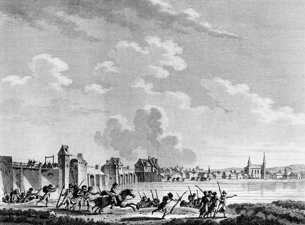 الثورة الفرنسية: Deroute de Passy (Pacy sur Eure أو Pacy-sur-Eure) في 13 يوليو 1793. نقش بواسطة Berthaut بعد Swebach. باريس ، مكتبة معهد تاريخ الثورة بواسطة جاك فرانسوا جوزيف سويباخ