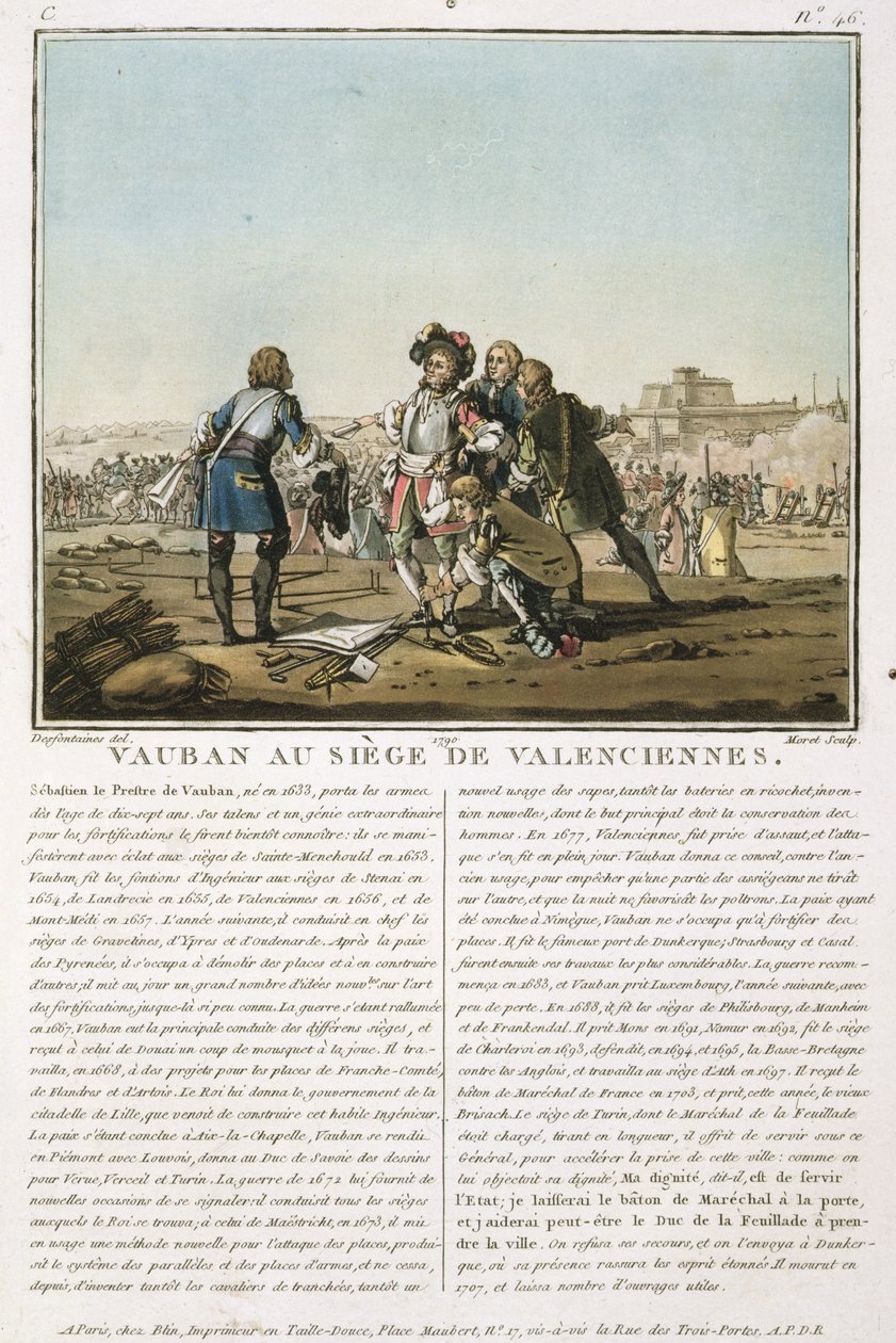 سيباستيان لو بريستري دي فوبان (1633-1707) في حصار فالنسيان (1677) ، محفور بواسطة جان بابتيست موريت (fl. 1790-1820) ، 1790 (ليثو ملون) بواسطة جاك فرانسوا جوزيف سويباخ