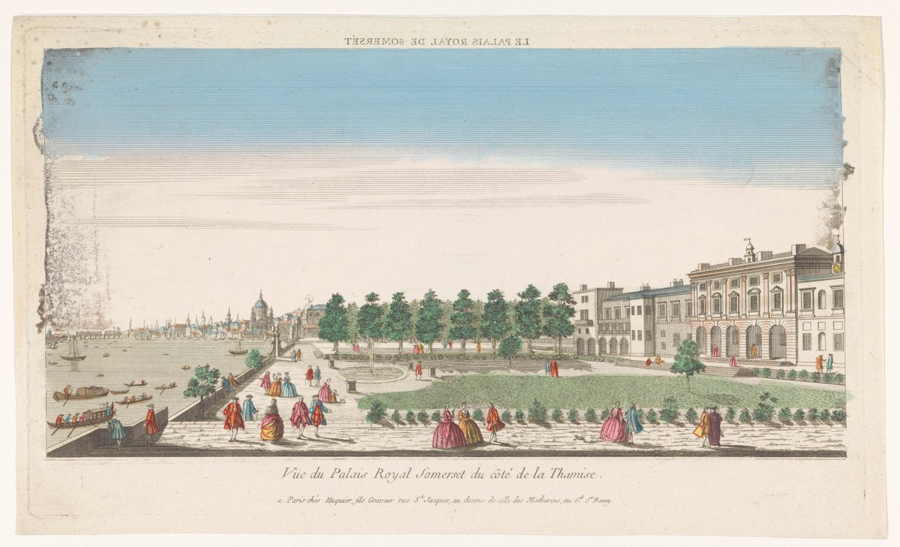 منظر لمنزل سومرست على نهر التايمز في لندن لو باليه رويال دي سومرست (العنوان على الجسم) بواسطة جاك غابرييل هوكييه