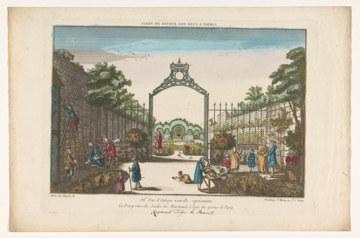Gezicht op de Jardin des Marchands te Parijs حديقة عند أحد بوابات باريس (العنوان على الكائن) بواسطة جاك غابرييل هوكييه