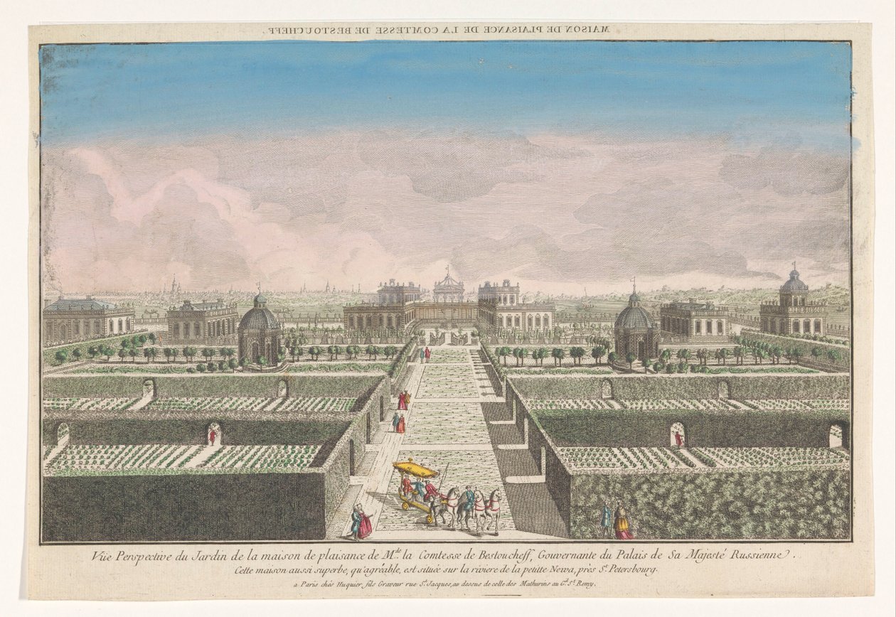 منظر لحديقة المنزل الريفي للكونتيسة بستوشيف بالقرب من مدينة سانت بطرسبرغ Maison de plaisance de la comtesse de Bestoucheff (العنوان على الكائن) بواسطة جاك غابرييل هوكييه