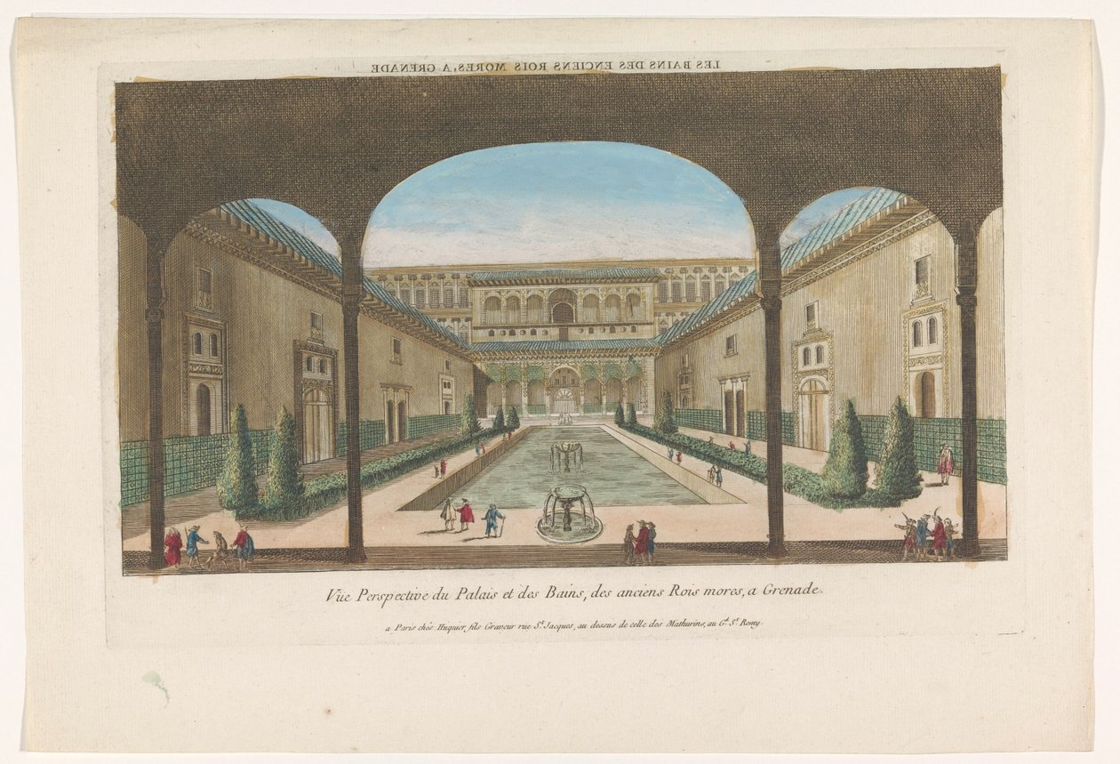 منظر لفناء به نوافير قصر الحمراء في غرناطة Les bains des enciens rois Mores ، قنبلة يدوية (العنوان على الكائن) بواسطة جاك غابرييل هوكييه