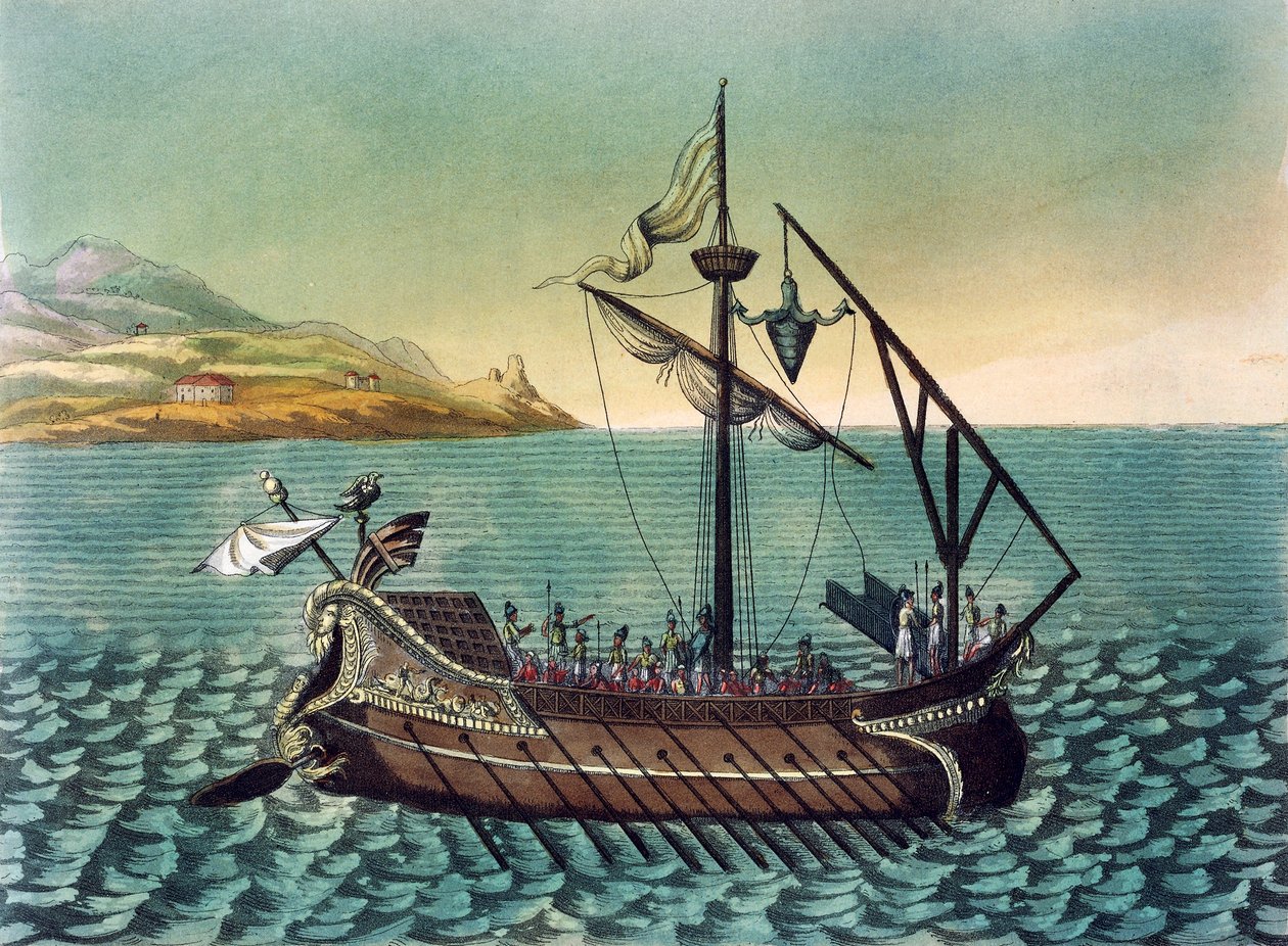 Duilius Corvus (جهاز صعود) على سفينة حربية رومانية ، بقلم جاك غراسيت دي سان سوفور (1757-1810) ، نقش من روما القديمة بواسطة جاك غراسيت دي سانت سوفير