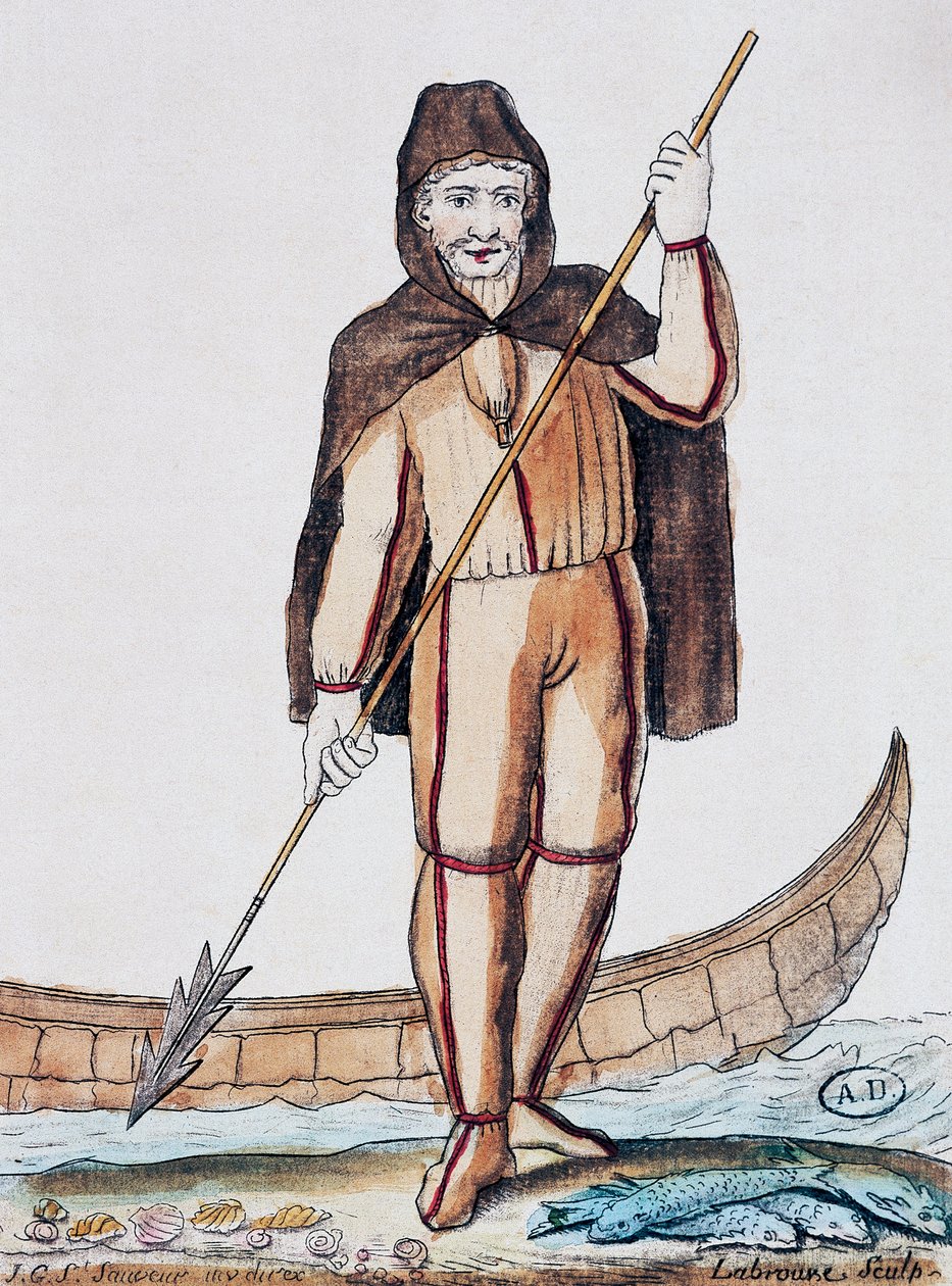 زي صيد السمك ، نقش ملون من رسم لابروس (نشط 1796) ، من Encyclopedie des Voyages ، بقلم جاك غراسيت دي سان سوفور (1757-1810) بواسطة جاك غراسيت دي سانت سوفير
