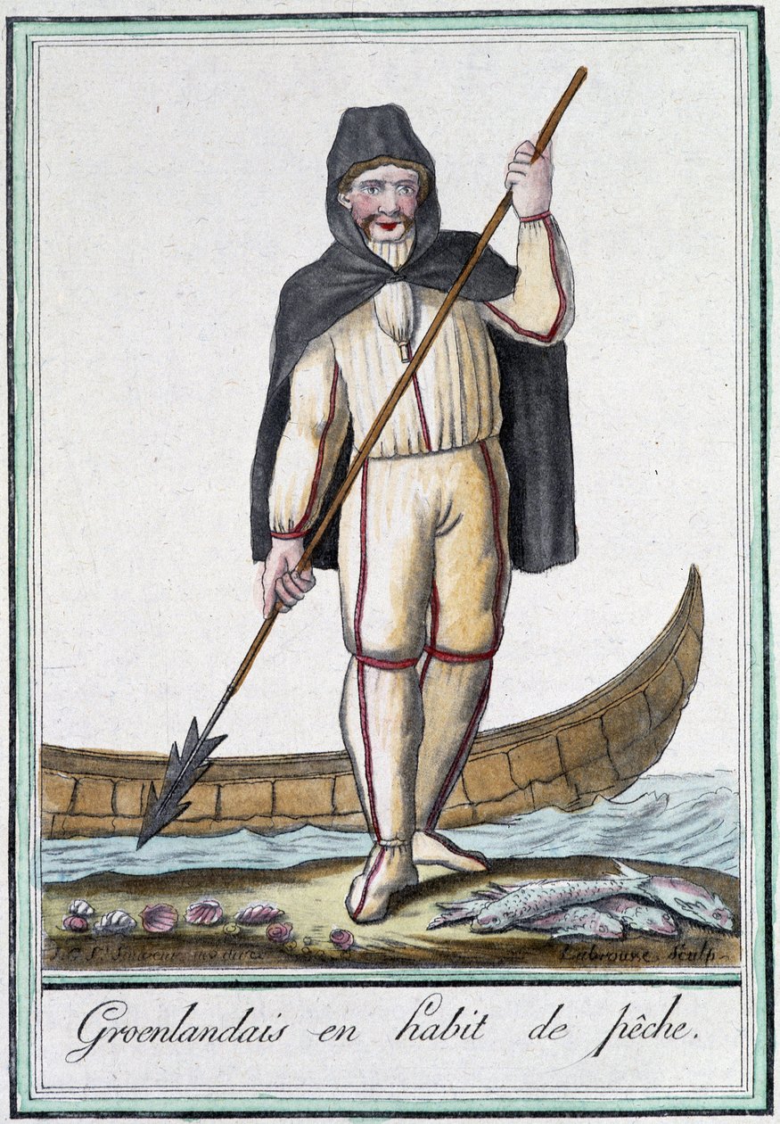 سكان جرينلاند يرتدون ملابس الصيد - في "" Encyclopédie des voyages "بقلم Grasset Saint Sauveur ، محرر. باريس 1796 بواسطة جاك غراسيت دي سانت سوفير