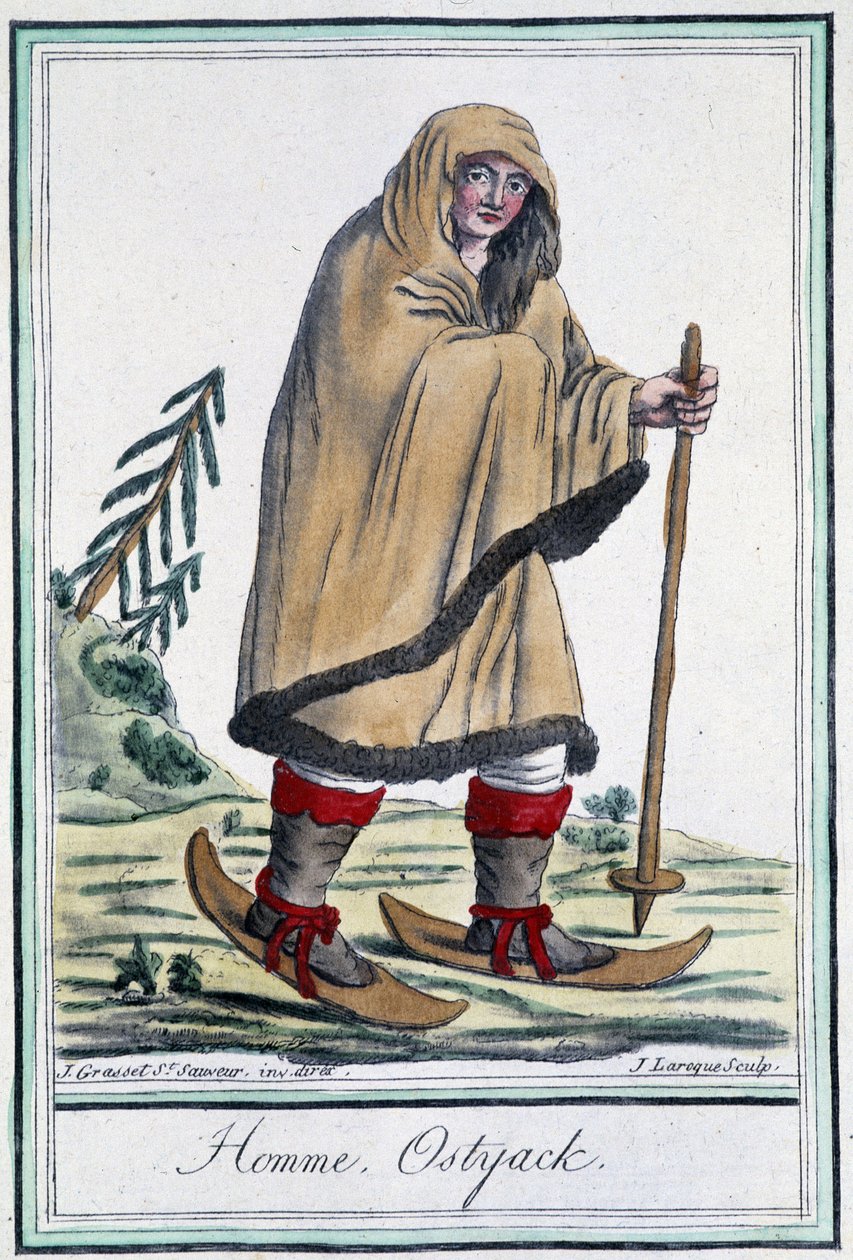 رجل أوستياك على التزلج - في "" Encyclopédie des voyages "بقلم Grasset Saint Sauveur ، محرر. باريس 1796 بواسطة جاك غراسيت دي سانت سوفير
