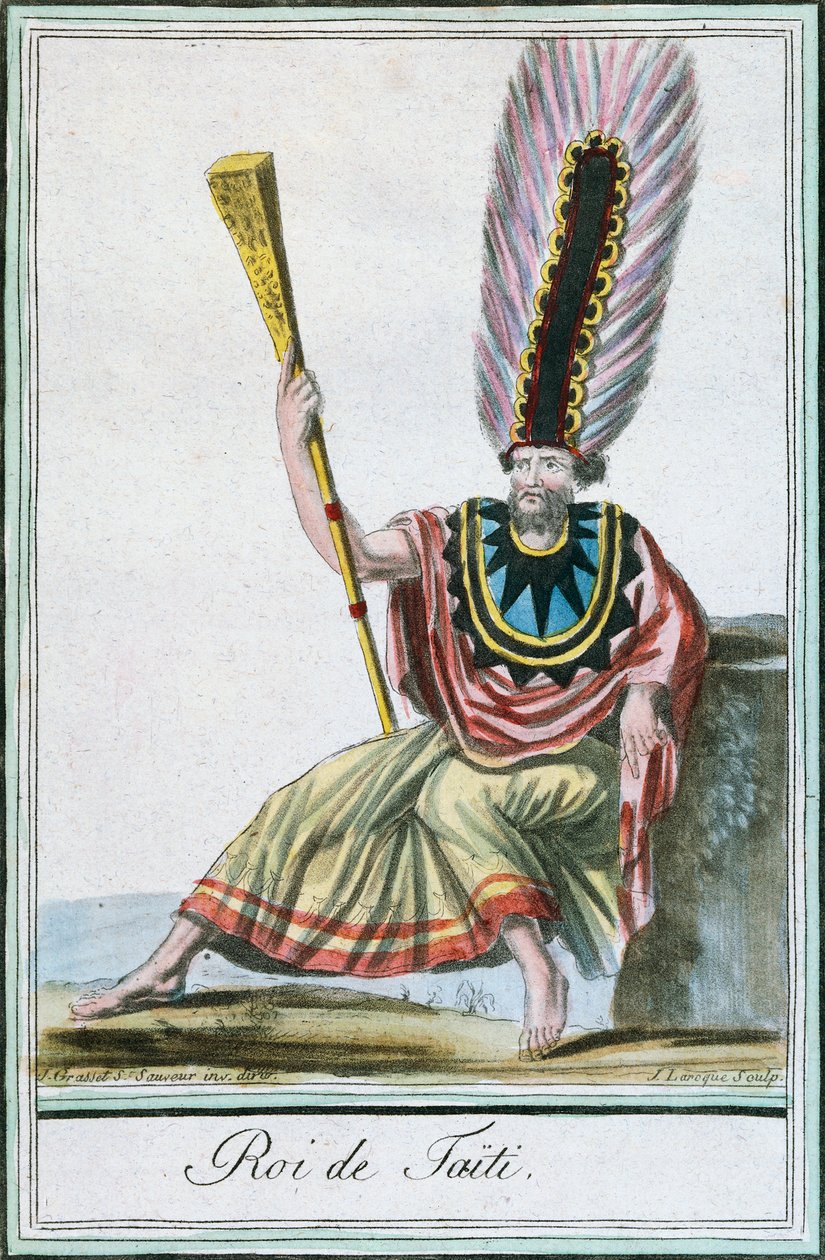 ملك تاهيتي ، جزر المجتمع ، نقش ملون من رسم لبروس (نشط 1796) من Encyclopedie des Voyages لجاك غراسيت دي سان سوفور (1757-1810) بواسطة جاك غراسيت دي سانت سوفير