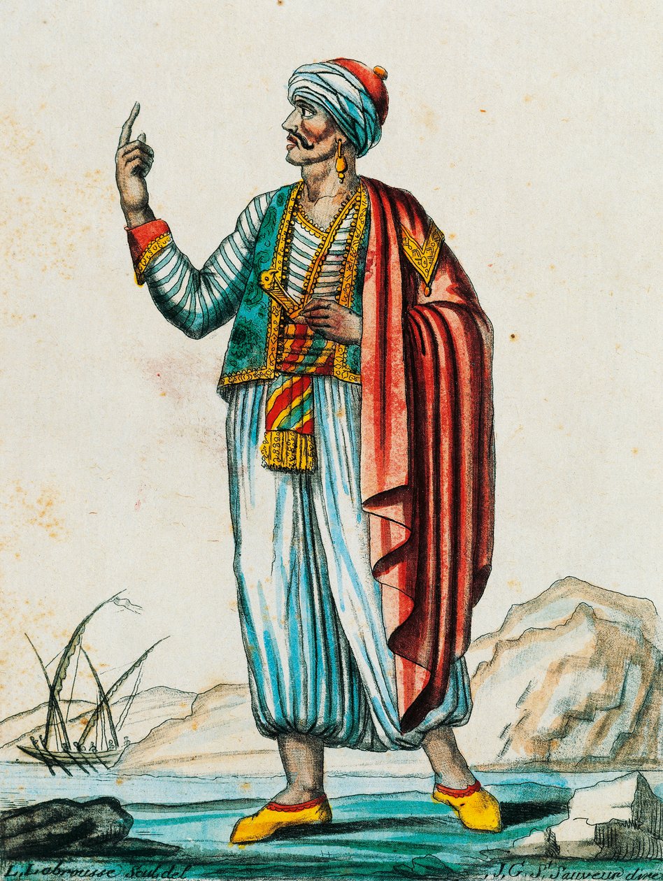 زي ذكر من الدول البربرية والإسلامية ، نقش ملون من رسم لبروس (نشط 1796) ، من Encyclopedie des Voyages ، بقلم جاك غراسيت دي سان سوفور (1757-1810) بواسطة جاك غراسيت دي سانت سوفير