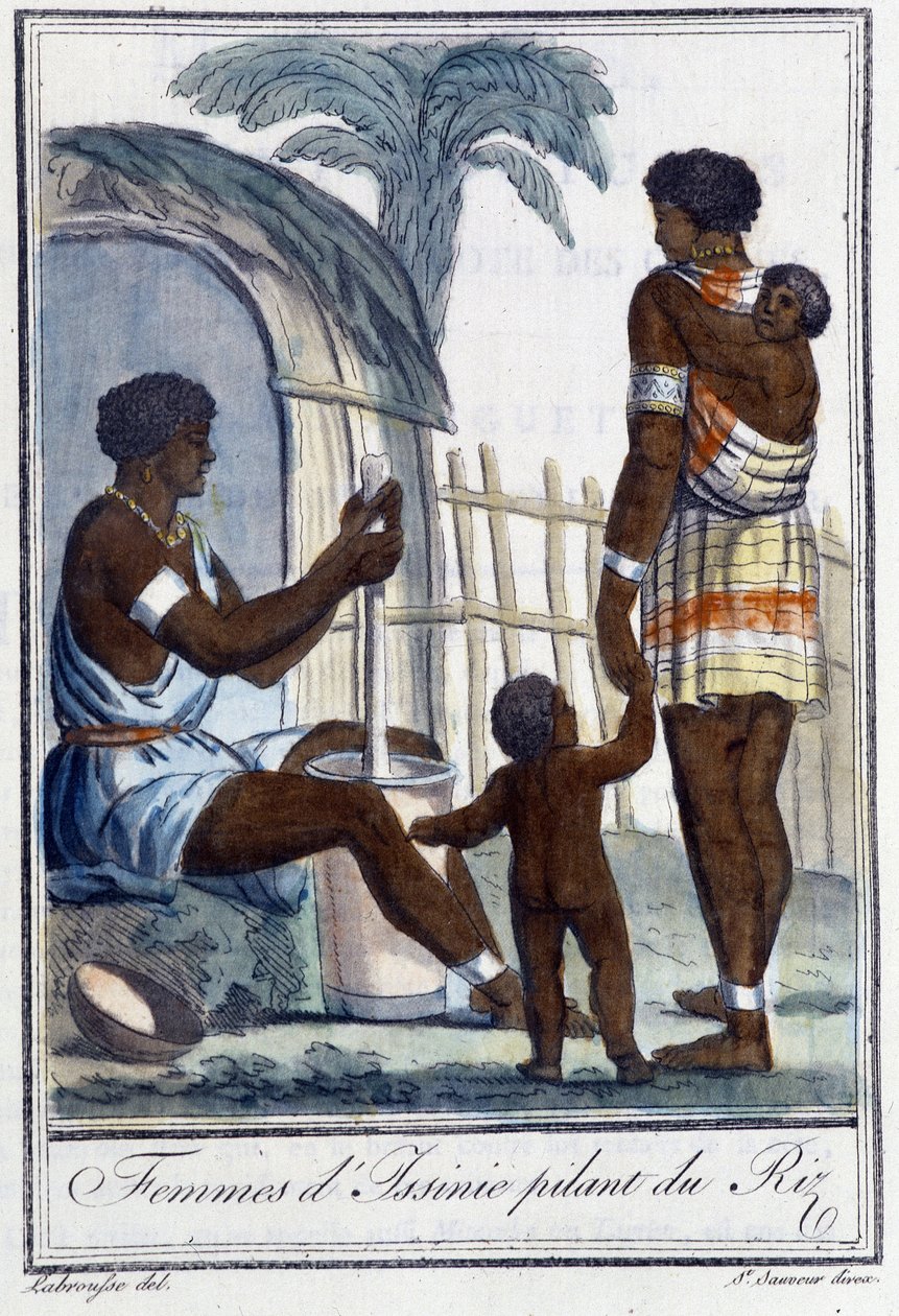 Women of Issinie pounding the rice - in “” Encyclopedia of Travels”” by Grasset St Sauveur, ed. 1796 بواسطة جاك غراسيت دي سانت سوفير