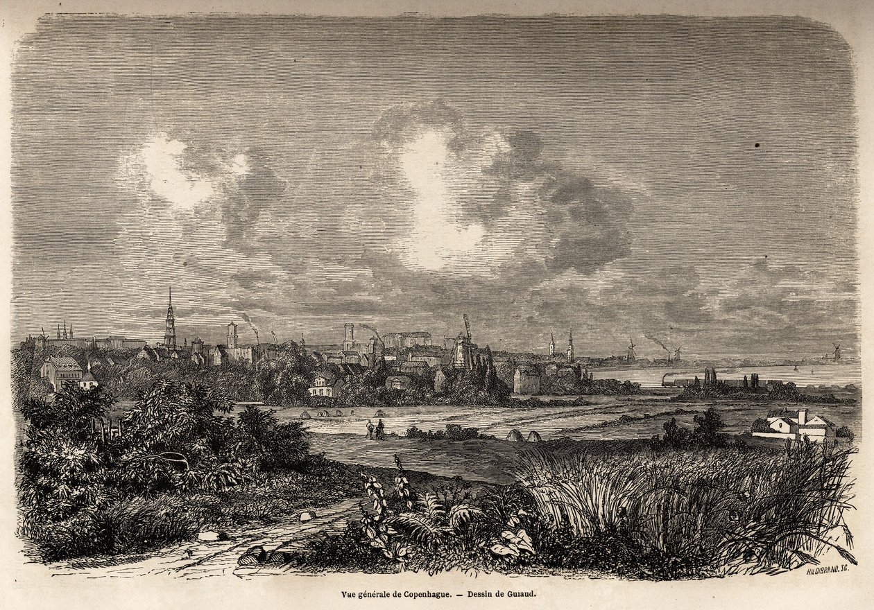 منظر عام لكوبنهاجن ، رسمه جاك جيو (1810-1876) ، لتوضيح رحلة جي إم دارغود إلى الدنمارك (1800-1860) ، في عام 1860. نقش في "" Le tour du monde "، تحرير إدوارد شارتون بواسطة جاك جيوود