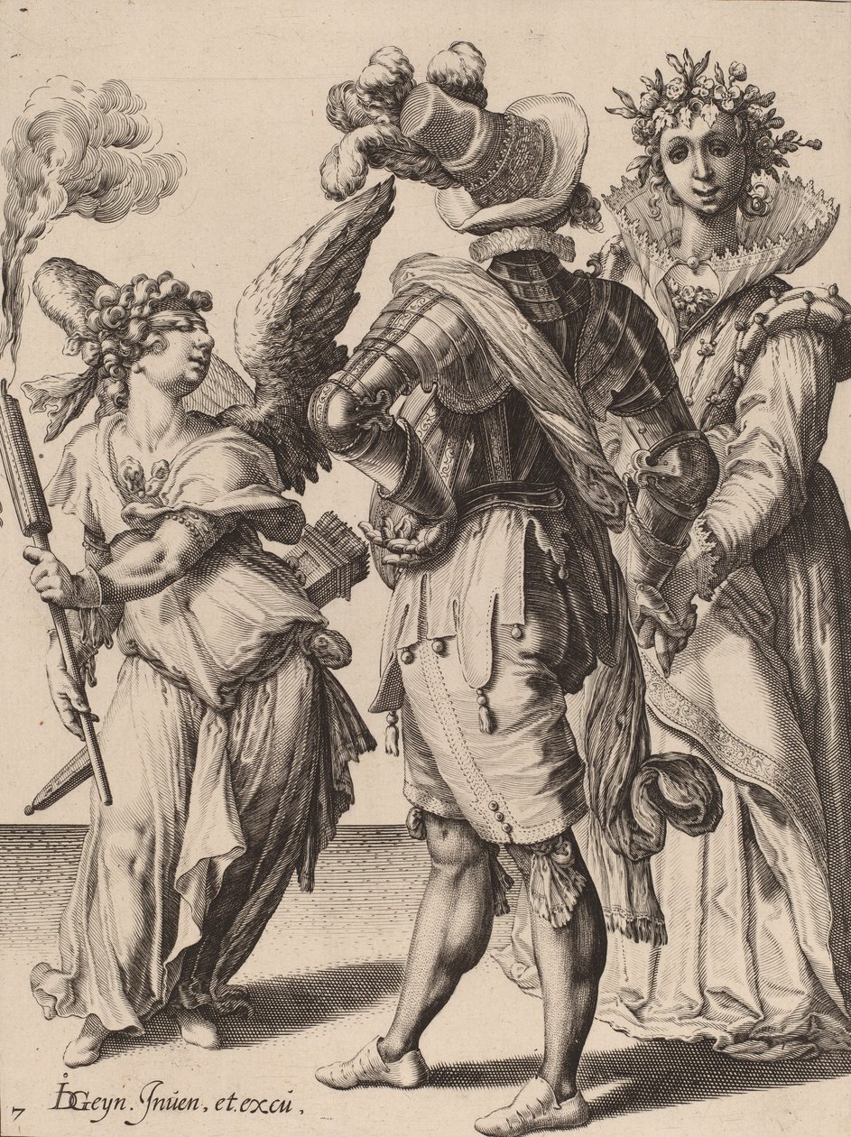 كيوبيد معصوب العينين يحمل شعلة قبل زوجين ، يُنسب إلى زكريا دولندو ، 1595-6 (النقش على ورق مسدود) بواسطة جاك الثاني دي غين