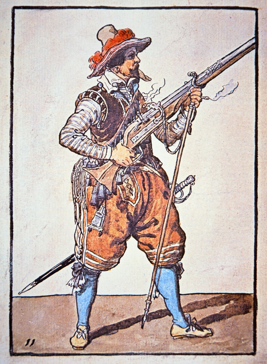 Arquebusier مسلح ببندقية من نوع Matchlock ، رسم توضيحي من "Manual of Arms" بواسطة جاك الثاني دي غين