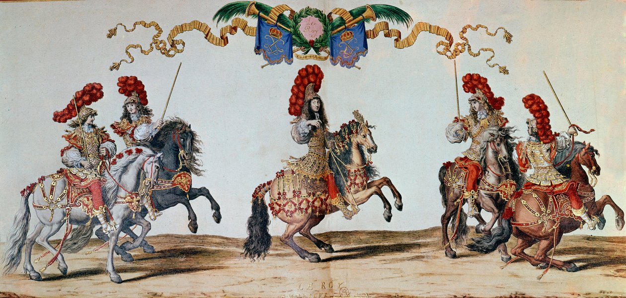 كاروسيل عام 1662: الملك لويس الرابع عشر والفرسان يشاركون في كاروسيل عام 1662 في باريس (نقش) بواسطة جاك أنا بايلي