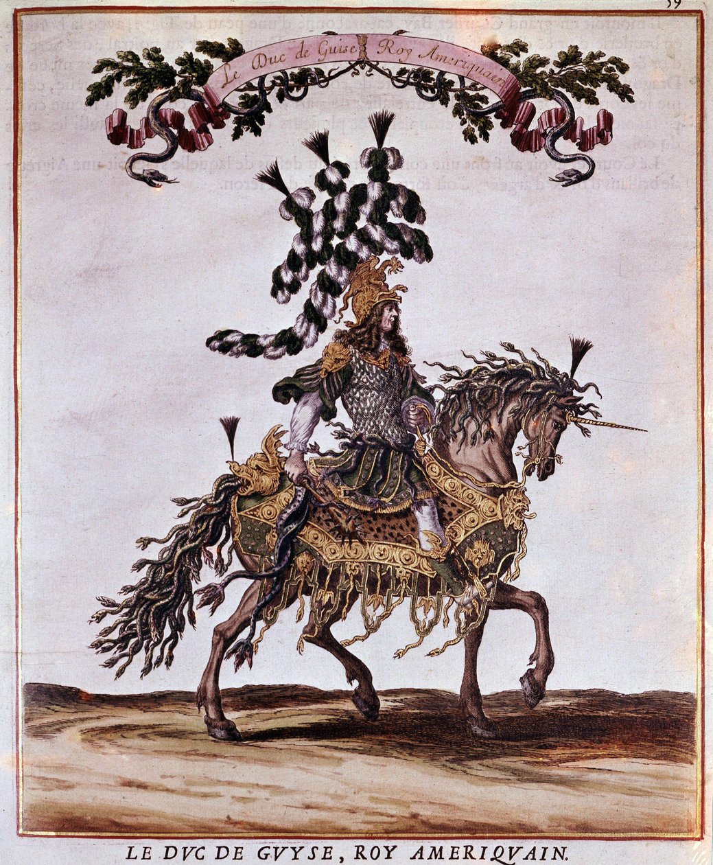 مخطوطة من كاروسيل 1662. دوق Guise في الملك الأمريكي ، يشارك في كاروسيل عام 1662 (العيد الذي أقيم في باريس في عهد لويس الرابع عشر). رسم توضيحي لـ Jacques I Bailly (1629 - 1679). بواسطة جاك أنا بايلي