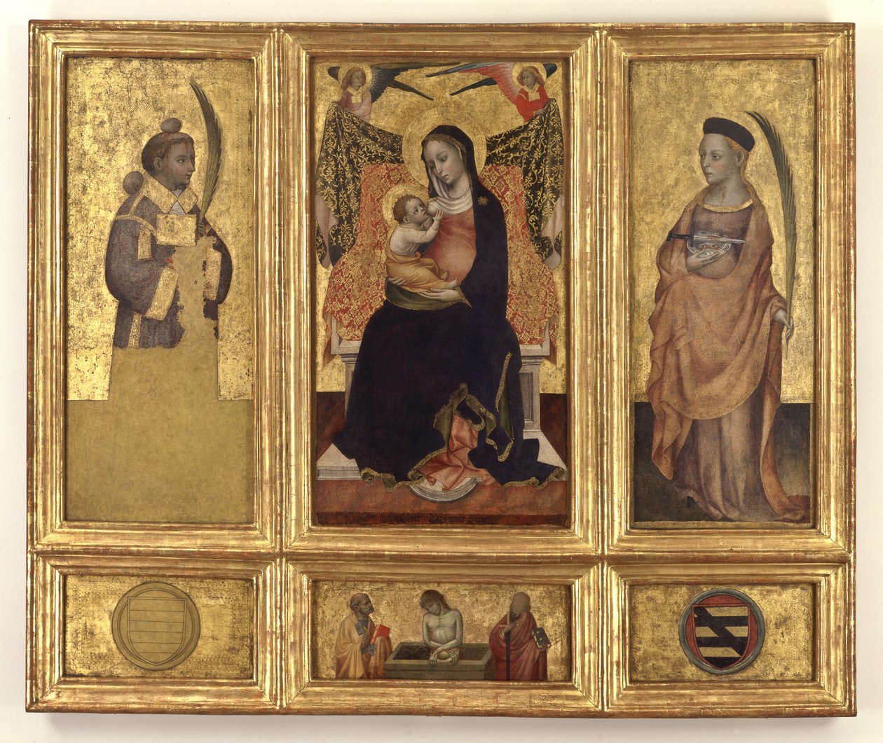 مادونا والطفل مع القديسين ستيفن ولوسي ؛ المسيح في القبر والقديسين بطرس وبولس ، 1425 بواسطة جاك إيفيرني