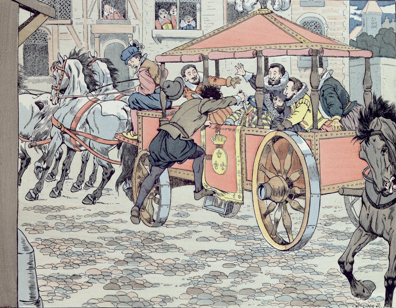 اغتيال هنري الرابع من قبل فرانسوا رافايلاك في شارع دي لا فيرونيري في 14 مايو 1610 ، حوالي 1900 بواسطة جاك ماري جاستون أونفراي دي بريفيل (الوظيفة)