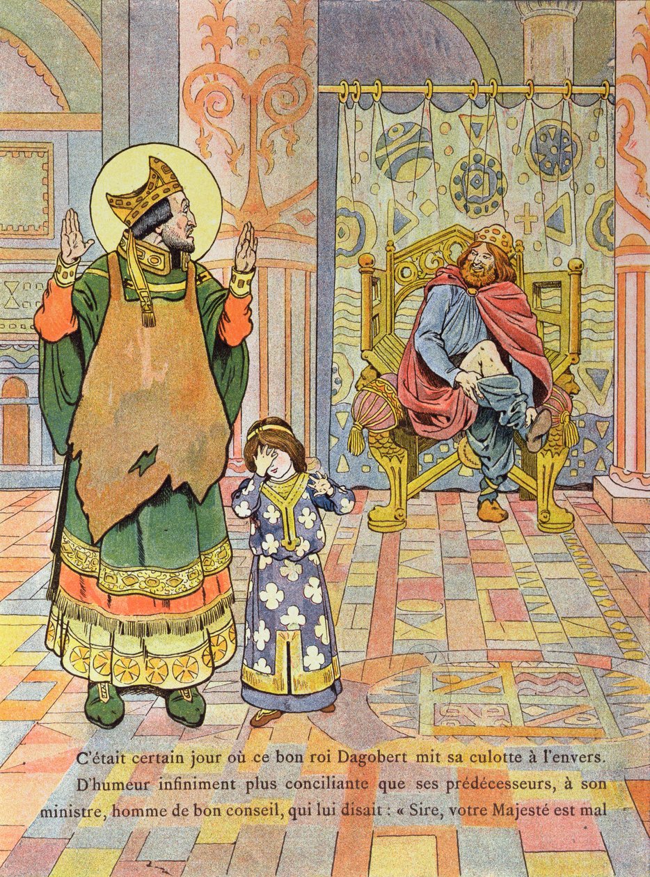 الملك داغوبيرت الأول (c.603-39) يضع بنطاله على الطريق الخطأ ، التوضيح من "فرنسا ، سون هيستوار" بقلم جي مونتورجويل ، ج .1910 بواسطة جاك ماري جاستون أونفراي دي بريفيل (الوظيفة)