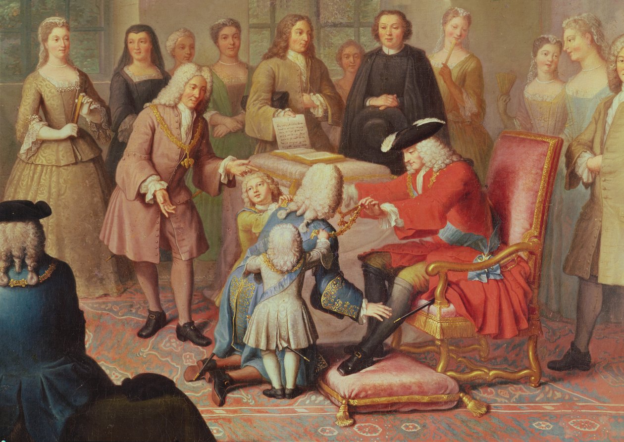 فيليب الخامس من إسبانيا يعطي الصوف الذهبي لمارشال هؤلاء السفير الفرنسي في إسبانيا عام 1724 بواسطة جاك لوموسنييه