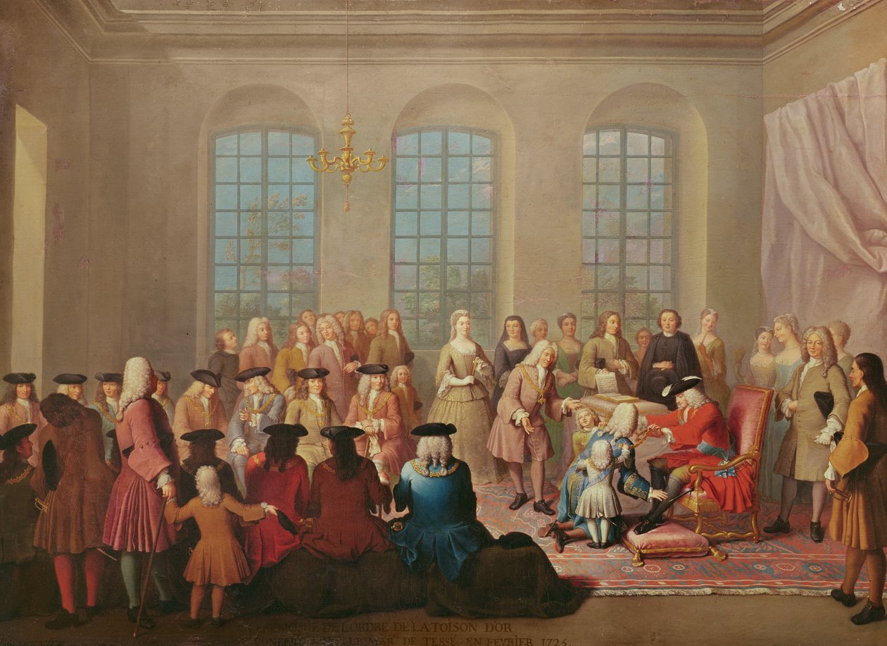 فيليب الخامس من إسبانيا يعطي الصوف الذهبي لمارشال تيسي كسفير فرنسي في إسبانيا عام 1724 بواسطة جاك لوموسنييه