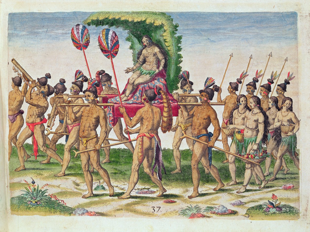 يتم حمل العروس إلى الرئيس ، من "Brevis Narratio .." ، منقوش بواسطة Theodore de Bry (1528-98) المنشور في فرانكفورت ، 1591 (النقش الملون) بواسطة جاك لو موين
