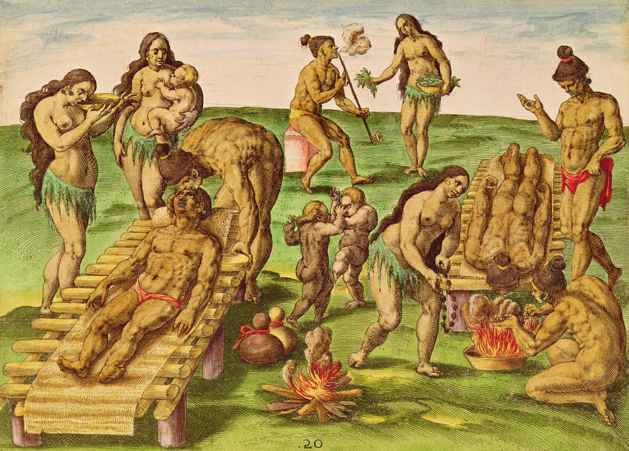 كيف يعالج الهنود مرضهم ، من "Brevis Narratio .." ، منقوش بواسطة Theodore de Bry (1528-98) المنشور في فرانكفورت ، 1591 بواسطة جاك لو موين