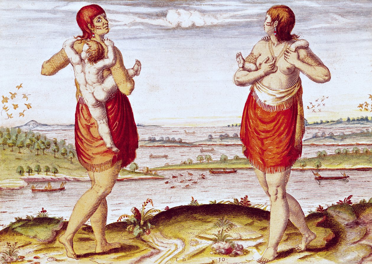 كيف تحمل نساء Dasamonquepeuc أطفالهن ، من "Admiranda Narratio .." ، الذي نقشه Theodore de Bry (1528-88) 1585-88 بواسطة جاك لو موين