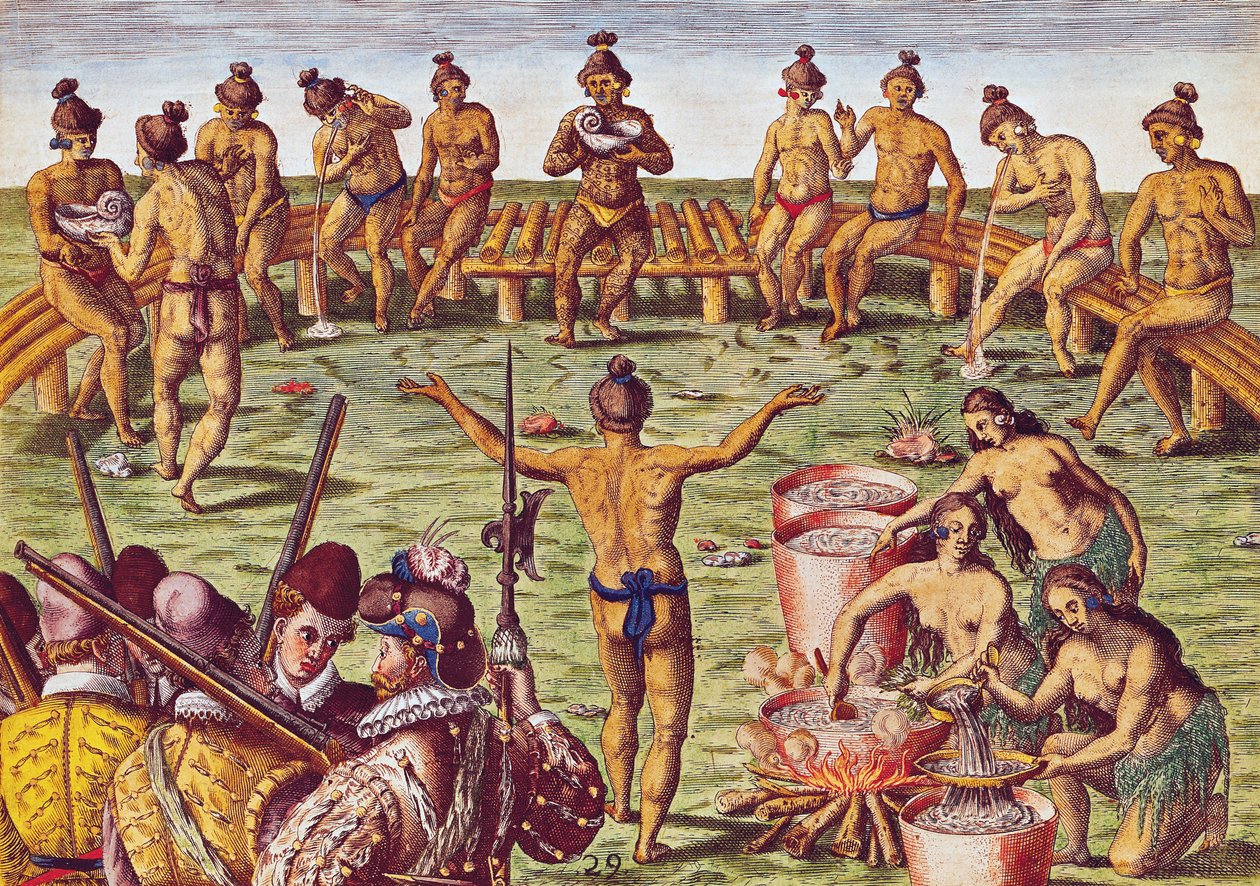 كيف اتخذ سكان ولاية فلوريدا قرارات بشأن مسائل مهمة ، من "Brevis Narratio .." ، منقوش بواسطة Theodore de Bry (1528-88) 1563 بواسطة جاك لو موين