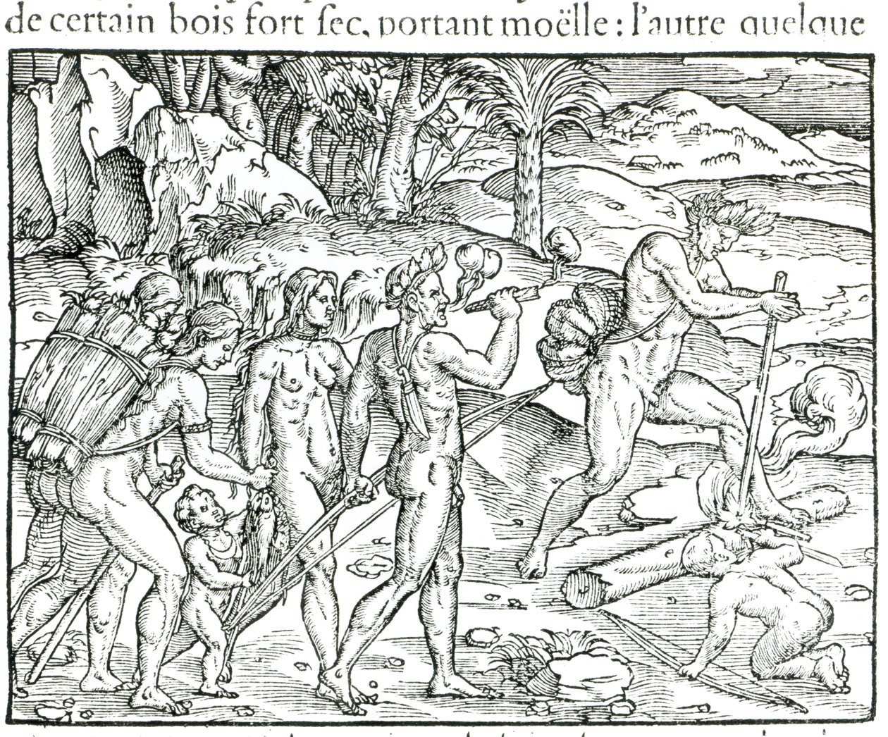السكان الأصليين الهنود يشعلون النار بعد الصيد ، نقشها تيودور دي بري (1525-1575) بواسطة جاك لو موين