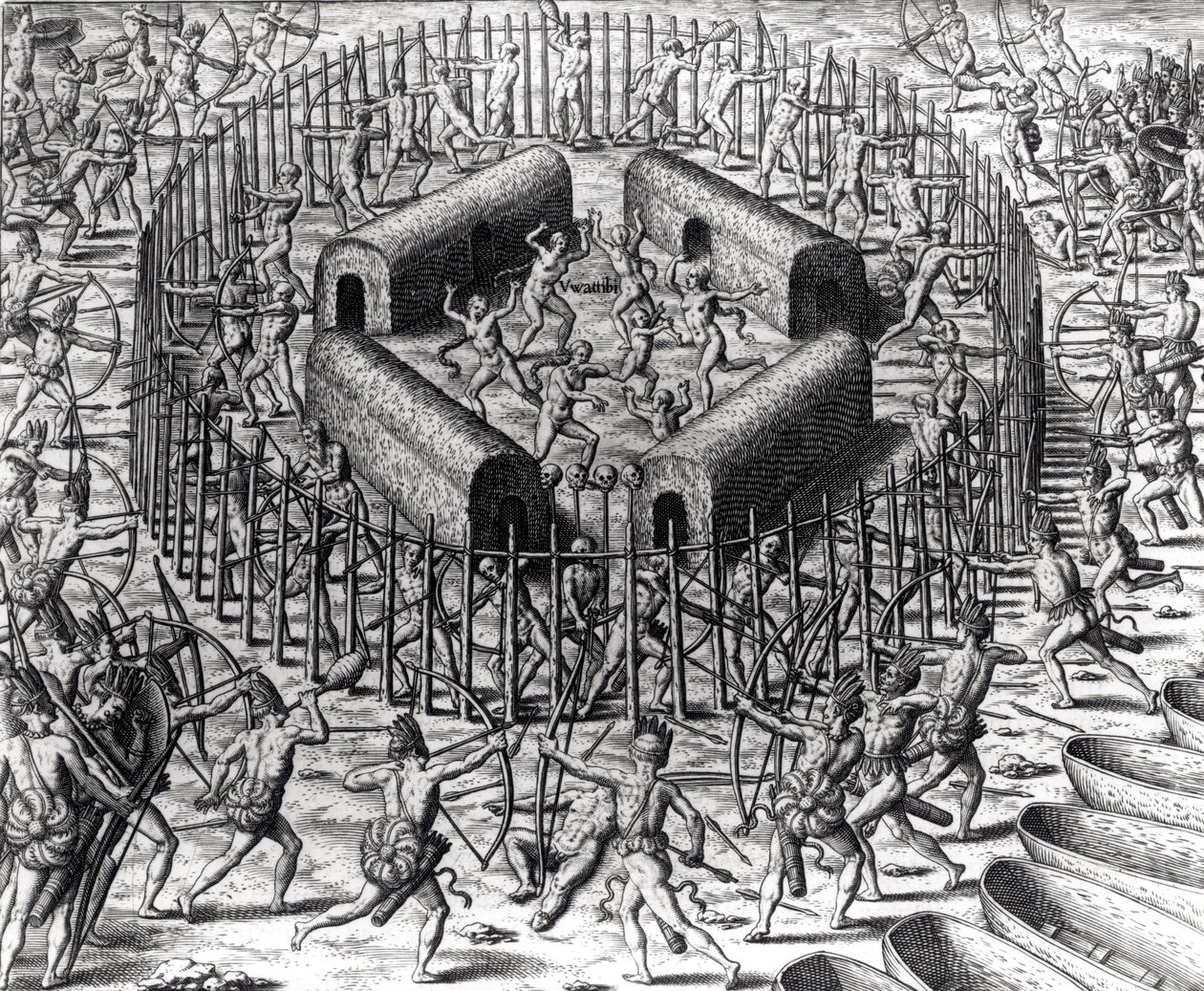 يوهانس ستادن يساعد على الدفاع عن الهنود الذين أسروه ضد Tuppin Tkins ، الذي نقشه تيودور دي بري (1528-98) ، من "الأمريكتين" ، 1590 بواسطة جاك لو موين