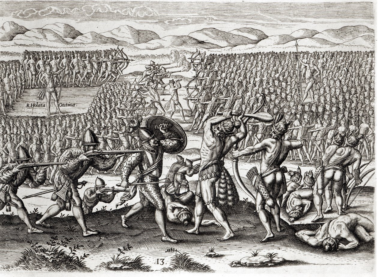 Outina يهزم باتانو بمساعدة الفرنسيين ، فلوريدا ، 1564 ، من &39;Brevis Narratio&39; منقوش بواسطة Theodore de Bry (1528-98) 1591 (انظر أيضًا 223425 und 173458) بواسطة جاك لو موين