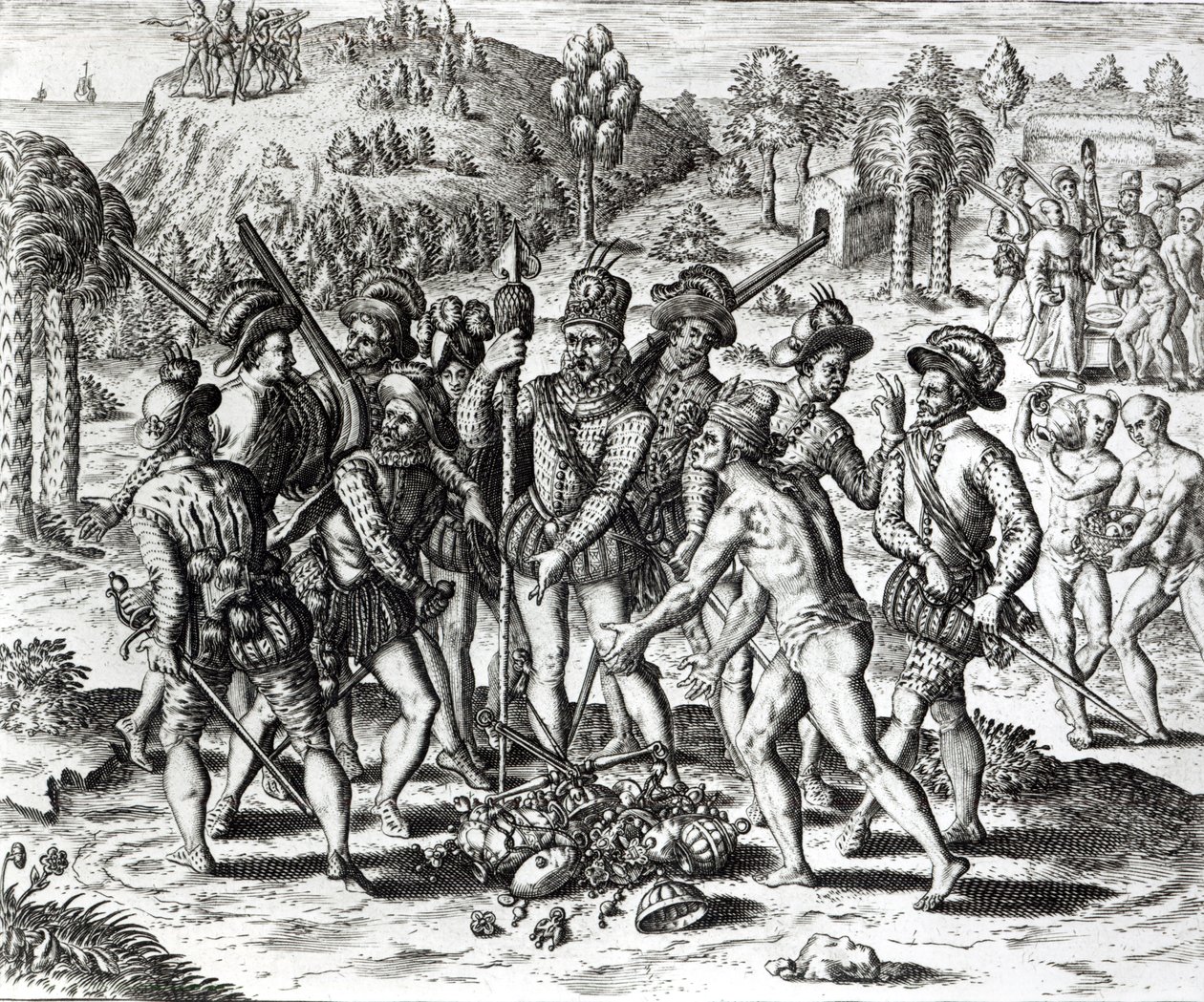 الإسبان يتلقون الهدايا من الهنود ، من "التاريخ" ، 1598 ، نقشها تيودور دي بري (1528-98) بواسطة جاك لو موين