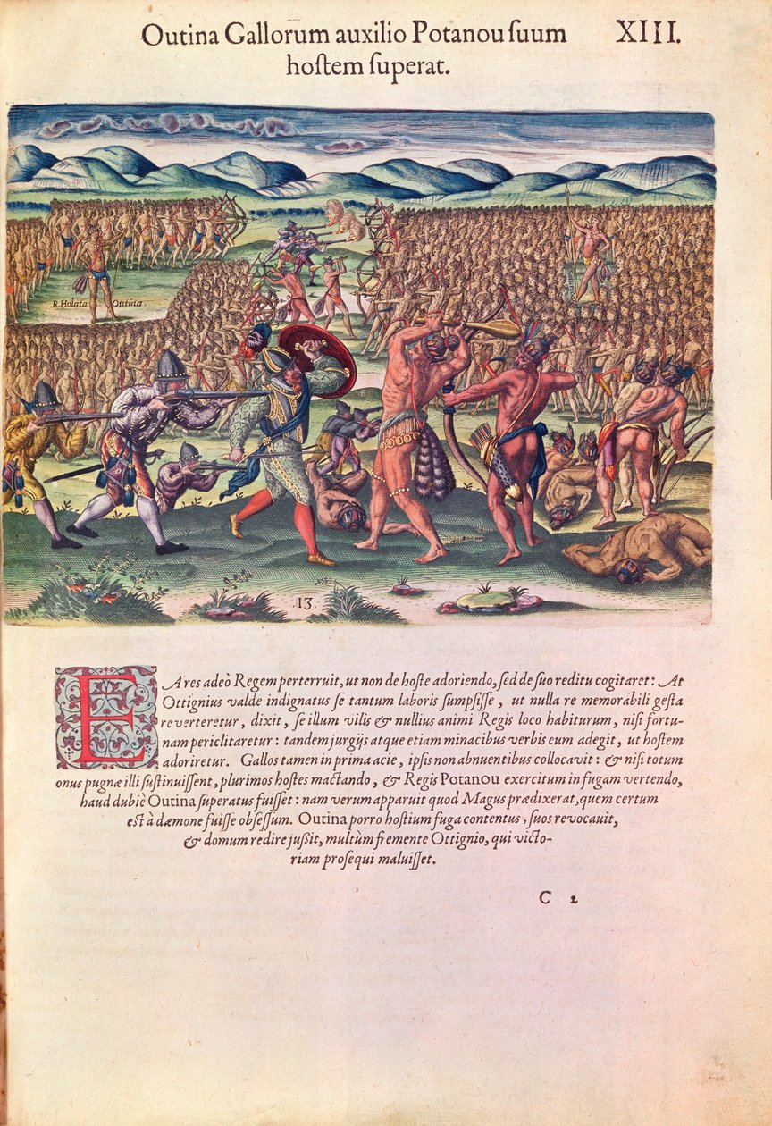ساعد الفرنسيون الهنود في المعركة ، من "Brevis Narratio .." ، محفور بواسطة Theodore de Bry (1528-98) المنشور في فرانكفورت ، 1591 (انظر أيضًا 111679) بواسطة جاك لو موين