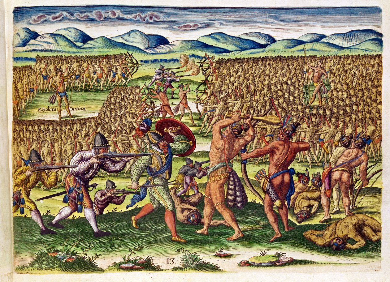 ساعد الفرنسيون الهنود في المعركة ، من "Brevis Narratio .." ، محفور بواسطة Theodore de Bry (1528-98) المنشور في فرانكفورت ، 1591 (انظر أيضًا 173458 und 111679) بواسطة جاك لو موين