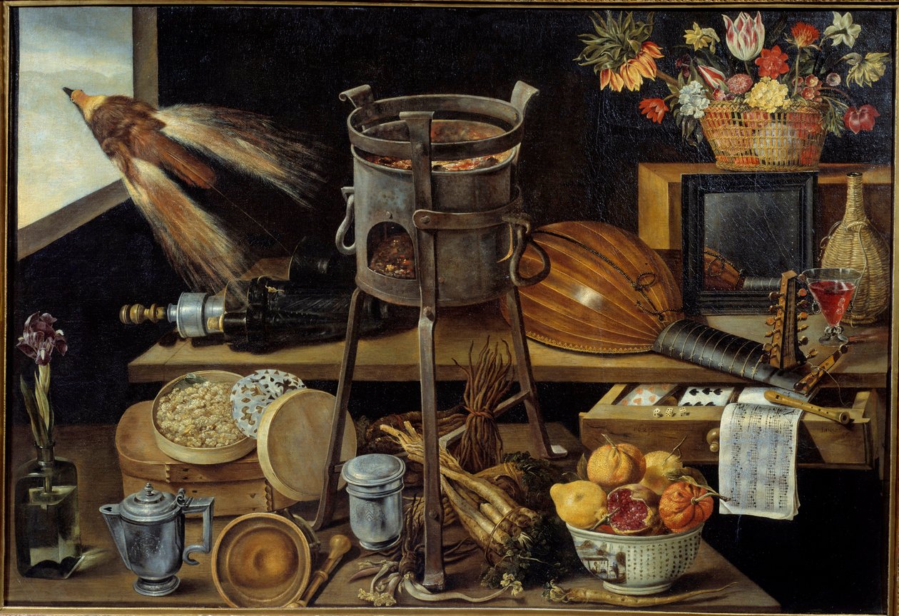 The five senses and the four elements some objects carry the weapons of the Richelieu family. Still life of wine, fruit, flowers, musical instruments. Painting by Jacques Linard (1600-1645) 1627 Sun. 1,05x1,53 m بواسطة جاك لينارد