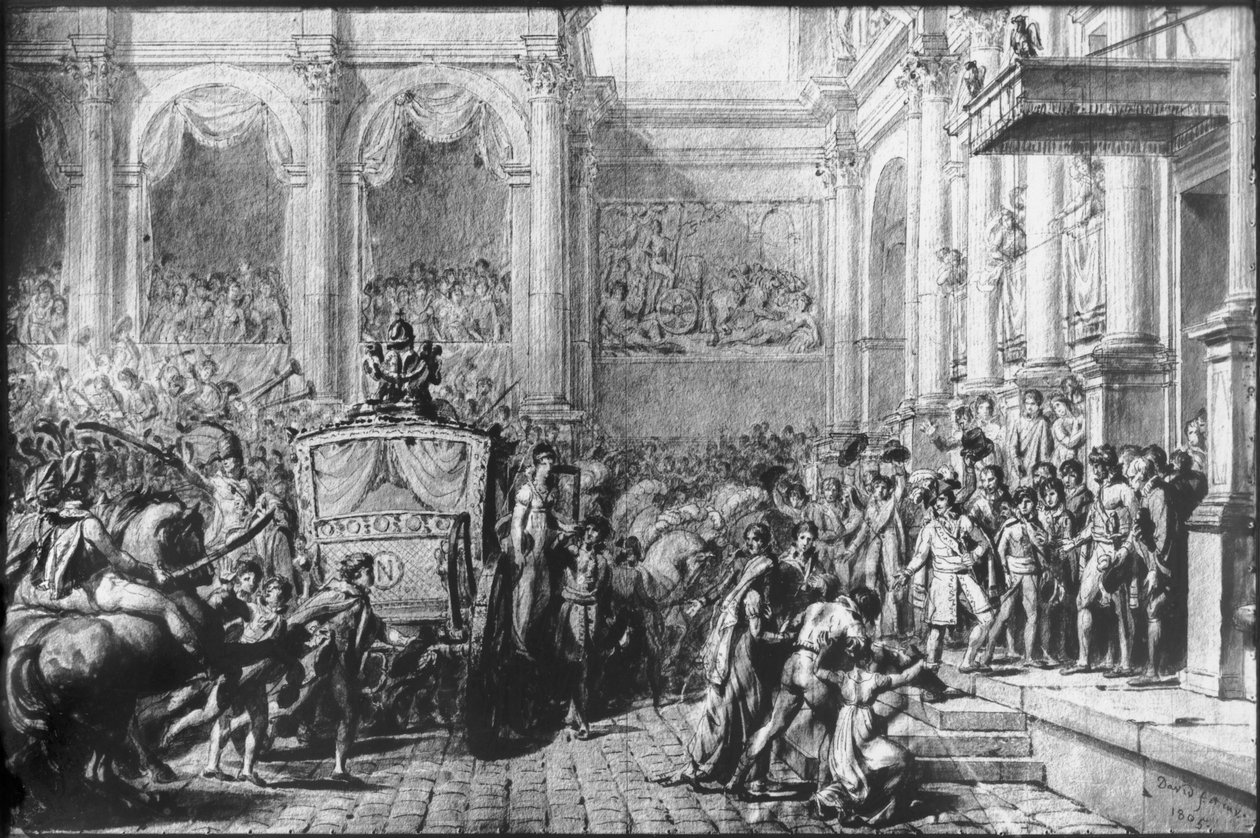 بالعودة من التكريس ، وصول نابليون إلى فندق دي فيل ، باريس ، 1805 (قلم جاف وحبر أسود وغسل رمادي و جرافيت على ورق) بواسطة جاك لويس ديفيد
