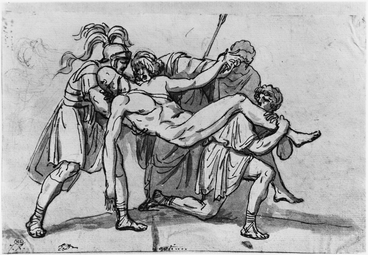 وفاة Meleager (قلم وحبر بني وغسل رمادي ونوار بيير على الورق) بواسطة جاك لويس ديفيد