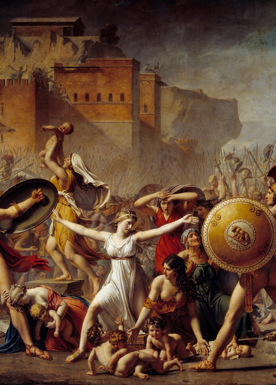 التفاصيل: "" The Sabines "" متداخلة بين أزواجهن الرومان (على اليمين) وإخوانهم Sabins (على اليسار) يظهرون لهم أطفالهم - لوحة لجاك لويس (جاك لويس) ديفيد (1748-1825) بواسطة جاك لويس ديفيد