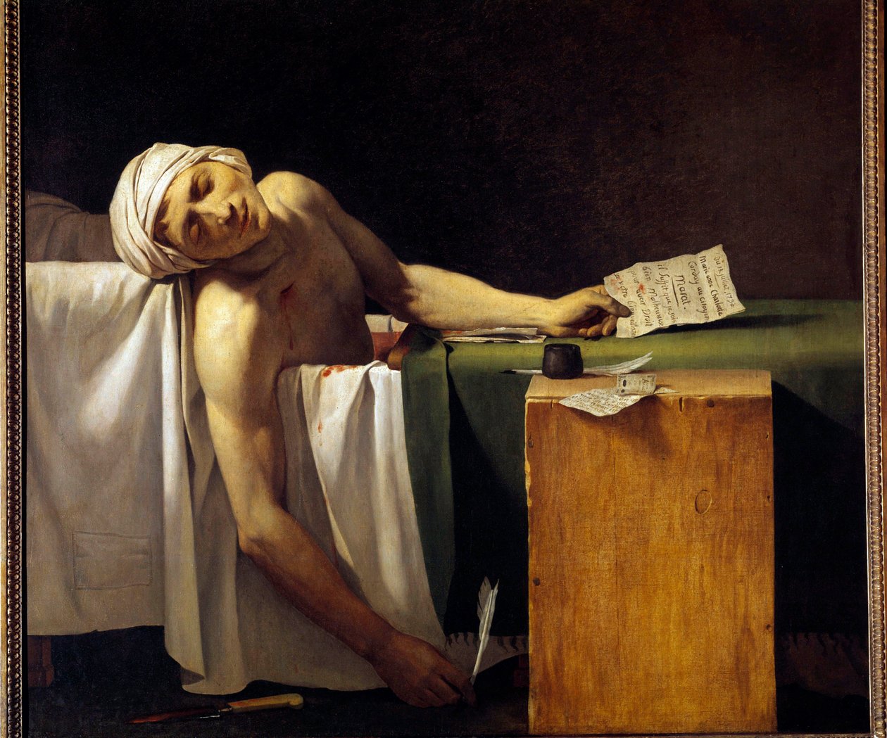 الثورة الفرنسية: "" جان بول مارات (1743-1793) قُتل في حوض الاستحمام الخاص به في 13/07/1793 "لوحة ليروم مارتن لانجلوا (1779-1838) ، عضو ورشة جاك لويس ديفيد. القرن ال 19 بواسطة جاك لويس ديفيد